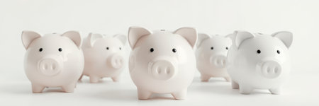 Group of white piggy banks arranged in a row on a neutral background, symbolizing savings and finance managementの素材