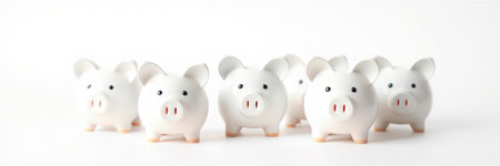 Group of six white piggy banks arranged in a row for savings displayの素材