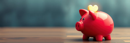 Bright red piggy bank with a heart on its back sitting on a wooden table in a cozy indoor setting during daylightの素材