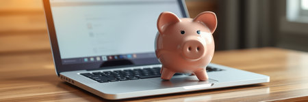 Piggy bank placed on a laptop keyboard symbolizes savings and financial management during modern digital eraの素材