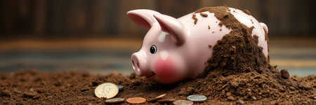 Pink piggy bank partially buried in dirt among scattered coins on wooden floorの素材