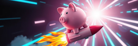 Piggy bank flying on a rocket in a vibrant cosmic backdrop with colorful streaksの素材