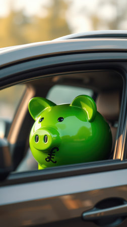 Green piggy bank sits in the open window of a parked sedan during a sunny day at a parking lotの素材