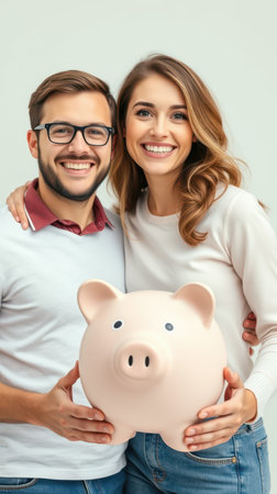 Smiling couple holds piggy bank while celebrating their financial goals together indoorsの素材