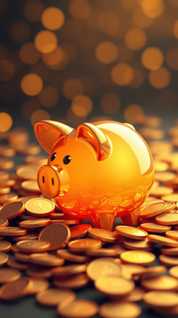 Golden piggy bank surrounded by a pile of coins with a warm glowing backgroundの素材