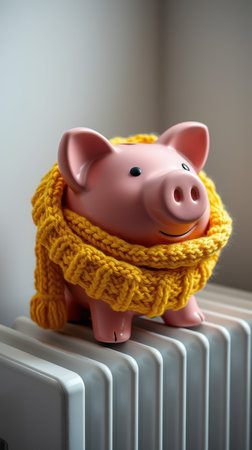 Plastic piggy bank wearing a knitted yellow scarf sits on a radiator in a cozy room settingの素材