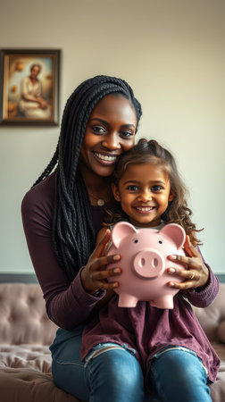 Smiling mother and daughter hold pink piggy bank at home during afternoon activityの素材
