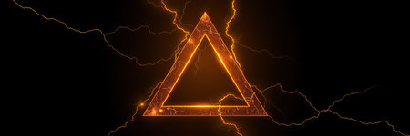 A glowing orange triangle with a black background surrounded by lightningの素材