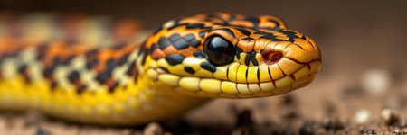 Colorful snake with distinctive patterns resting on sandy surface in natural habitatの素材