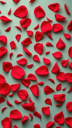Red rose petals scattered on a light green surfaceの素材