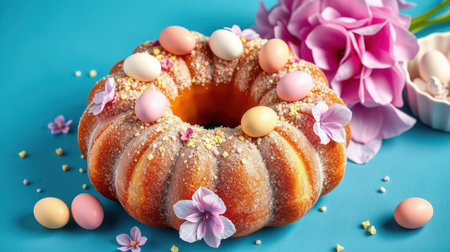 Spring cake decorated with colorful eggs and flowers on a bright blue backgroundの素材