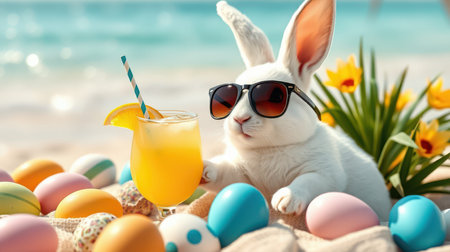 Cute bunny enjoying a tropical drink surrounded by colorful Easter eggs on a sunny beachの素材