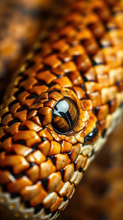 Close-up view of a vibrant snake showcasing intricate patterns and striking eye detail in its natural habitatの素材