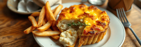 A flaky, cheesy pastry with a side of fries, ready to be enjoyed on a wooden tableの素材