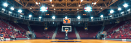 Basketball arena during a competitive game featuring energetic fans and intense atmosphere at eveningの素材