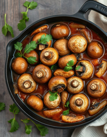 Delicious sauteed mushrooms simmer in a rich sauce, ready to serveの素材