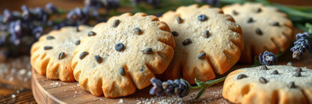 Lavender cookies arranged on a wooden platter with sprigs of lavender in a cozy kitchen settingの素材