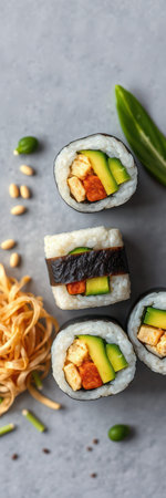 Four pieces of sushi with avocado, tofu, and carrot are arranged on a grey surfaceの素材