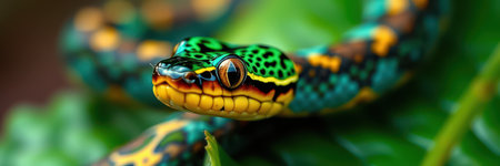 Colorful snake resting on green leaves in a tropical habitat during daylight hoursの素材