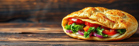 Delicious stuffed bread with fresh vegetables on rustic wooden tableの素材