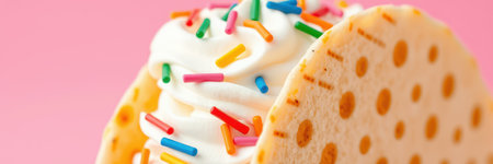 A close-up shot of a waffle cone filled with soft serve ice cream and colorful sprinkles, against a pink backgroundの素材