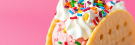 A close-up of a strawberry ice cream taco with whipped cream and colorful sprinkles on a pink backgroundの素材