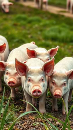A group of young pigs stand in a field, looking at the cameraの素材