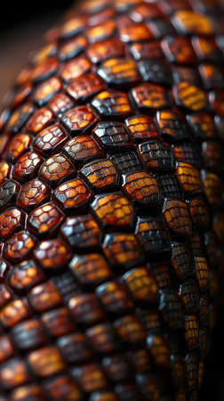 Close-up view of colorful snake scales showcasing intricate patterns and textures in natural lightの素材