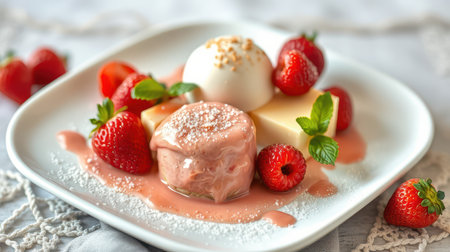 Delicious dessert platter with creamy treats and fresh berries served on a white plateの素材