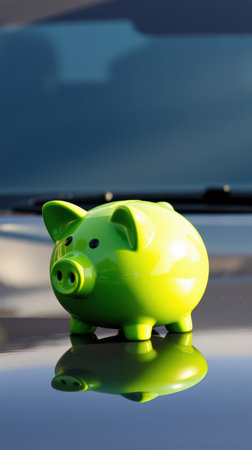 Bright green piggy bank reflecting sunlight on a glossy surface in a serene outdoor settingの素材
