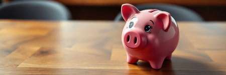 Cute pink piggy bank on a wooden table, representing savings and financial planning for children and familiesの素材