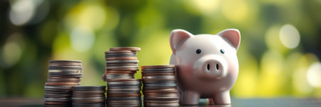 Saving money in a clear glass piggy bank next to stacks of coins presented on a wooden table outdoors in bright daylightの素材