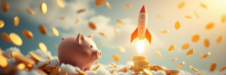 Piggy bank next to rocket launching from clouds with coins cascading in the air during bright sunsetの素材