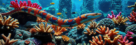 Colorful snake swims gracefully through vibrant coral reef teeming with marine life in clear blue watersの素材