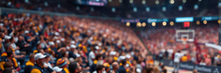 Crowd cheering passionately during a basketball game in a packed arena filled with vibrant colors and excitementの素材