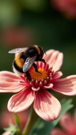 A bumblebee collects pollen from a pink flower on a sunny dayの素材
