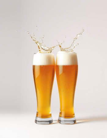 Two full glasses of light-colored beer are shown, in the midst of a celebratory clinkの素材
