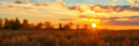 Sunrise over the horizon illuminating a tranquil field with soft clouds scattered in the skyの素材