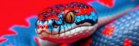 Colorful blue and red snake showcasing vibrant patterns on a bright backgroundの素材