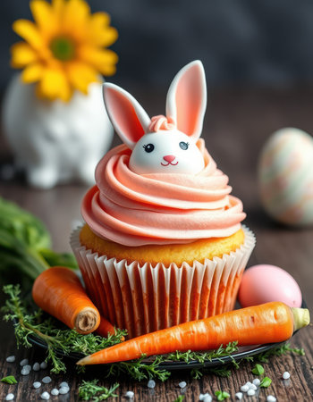 Colorful Easter cupcake with bunny decoration and carrots on wooden backgroundの素材