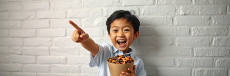 Excited young boy enjoying a healthy snack while pointing and smiling against a brick wall backgroundの素材