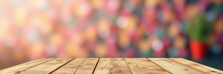 Wooden table surface with blurred colorful background in a cozy indoor setting during daytimeの素材