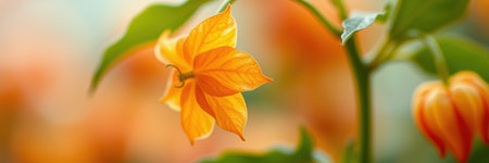 Beautiful orange flower blooming in a lush garden during a sunny afternoonの素材
