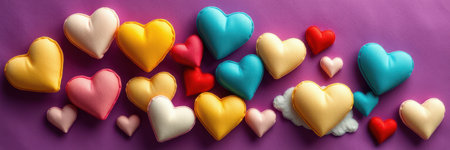 A collection of colorful, heart-shaped items is artfully scattered across a purple surfaceの素材