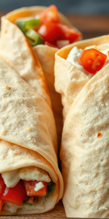 Delicious wraps filled with fresh vegetables and creamy sauce ready to be enjoyed at a cozy restaurantの素材