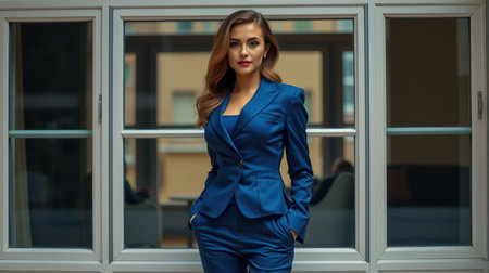 A woman in a blue suit stands confidently in front of a windowの素材