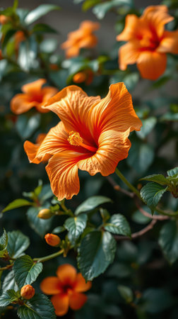 A large, vibrant orange hibiscus flower blooms in a lush green gardenの素材