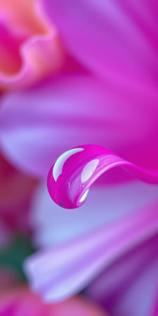 Dewdrop clings to vibrant petal of pink flower in close-up shot during early morning lightの素材