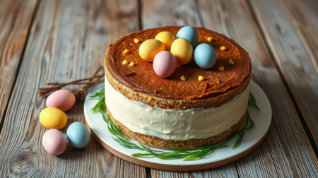 Celebrating Easter with a beautifully decorated cake featuring pastel-colored eggs on a rustic wooden tableの素材
