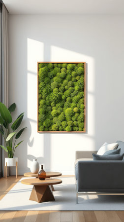 Sunlight illuminates a modern living room featuring a framed preserved moss wall artの素材